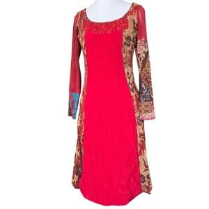 Save the Queen Italy XS/S Artistic Print Dress Bohemian Patchwork Textured Red